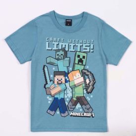 Camiseta Minecraft Infantil 6 a 12 Anos Azul Aquatico
