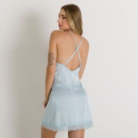 Camisola Em Cetim Com Renda Camila Moretti Azul Claro