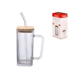 Caneca Quadrada Com Tampa De Bambu E Canudo Hauskraft 290 Ml - Transparente