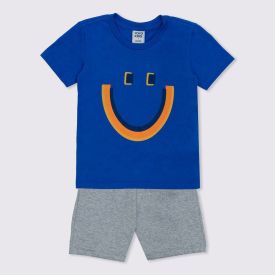 Conjunto 1 a 3 anos Camiseta Happy e Bermuda Yoyo Kids Azul