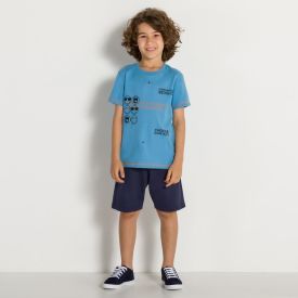 Conjunto 4 a 10 anos Camiseta Smile + Bermuda Hot Dog Azul