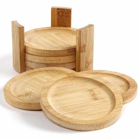 Jogo Descanso De Copos Redondo Com Suporte Ecokitchen Mimo 6 Pçs - Bambu
