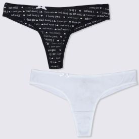 Kit Com Duas Calcinhas Fio Duplo Cotton Holla Pto Est Love/Bco