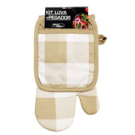 Kit Luva E Pegador De Panelas Jolitex - Xadrez Bege 