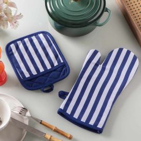 Kit Luva E Pegador De Panelas Jolitex - Listras Azul 