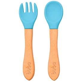 Kit Talheres Infantil  Silicone E Bambu Buba - Azul Claro
