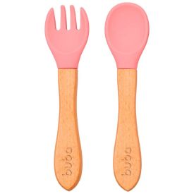 Kit Talheres Infantil  Silicone E Bambu Buba - Rosa Claro