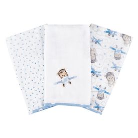 Kit 3 Panos De Boca 32Cm X 32Cm 100% Algodão Havan Baby - Aviador Azul