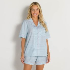 Pijama Feminino Curto Tricoline Xadrez Camila Moretti Azul Claro