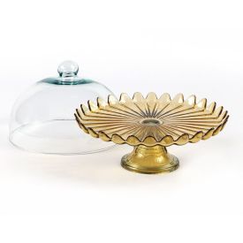 Prato De Bolo Com Pé E Tampa Pétalas De Jasmin Vitazza - Âmbar