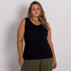 Regata Plus Size Canelada Gola Redonda Patricia Foster Mais Preto