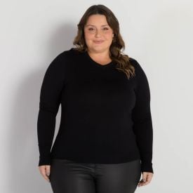 Suéter Plus Size Decote V Básico Patricia Foster Mais Preto