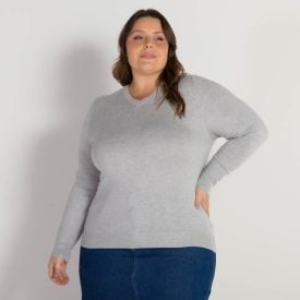 Suéter Plus Size Decote V Básico Patricia Foster Mais Mescla