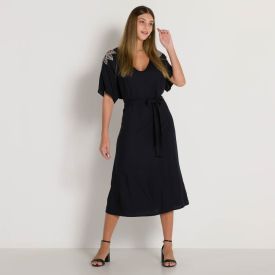 Vestido com Bordado de Folhas Vazadas Patricia Foster Preto