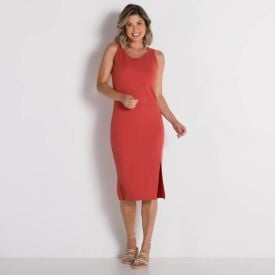 Vestido Midi com Fenda Canelado Patrícia Foster