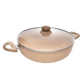 Wok De Indução Alumínio Revestida Cerâmica Com Tampa Lyor 3,8 Litros - Bege
