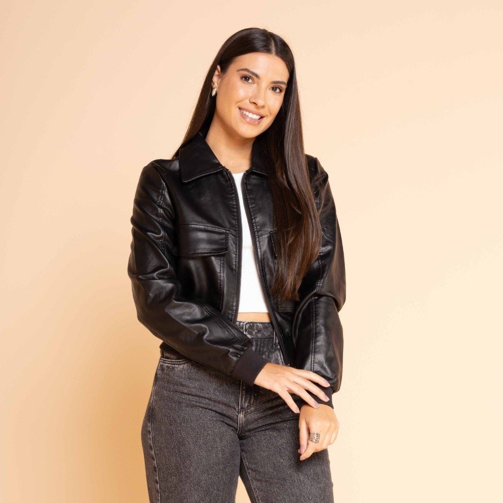 Jaqueta Biker De Couro Sintético Feminina Boby Blues Preto