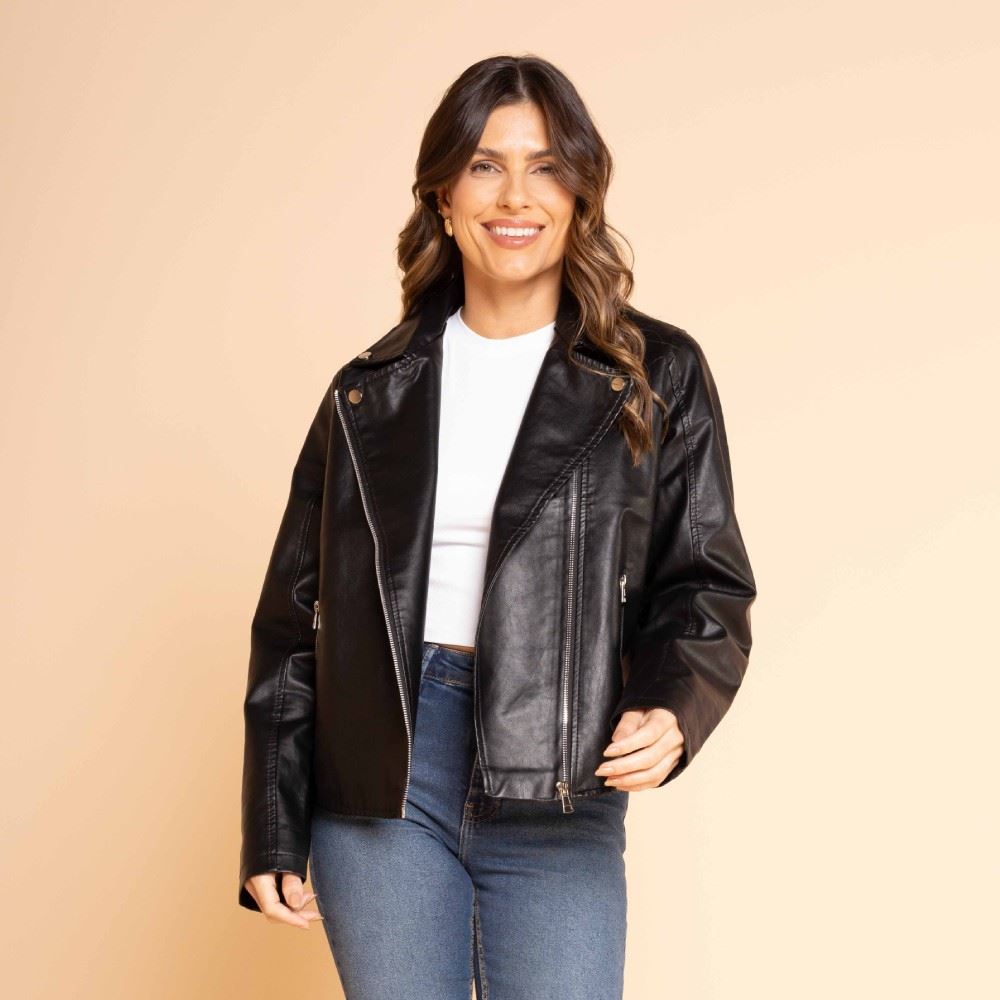 Jaqueta Biker Feminina De Couro Sintético Patricia Foster Preto
