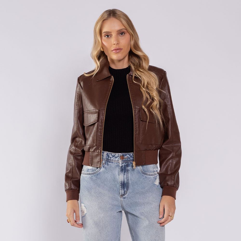 Jaqueta Feminina Bomber Em PU Boby Blues Marrom
