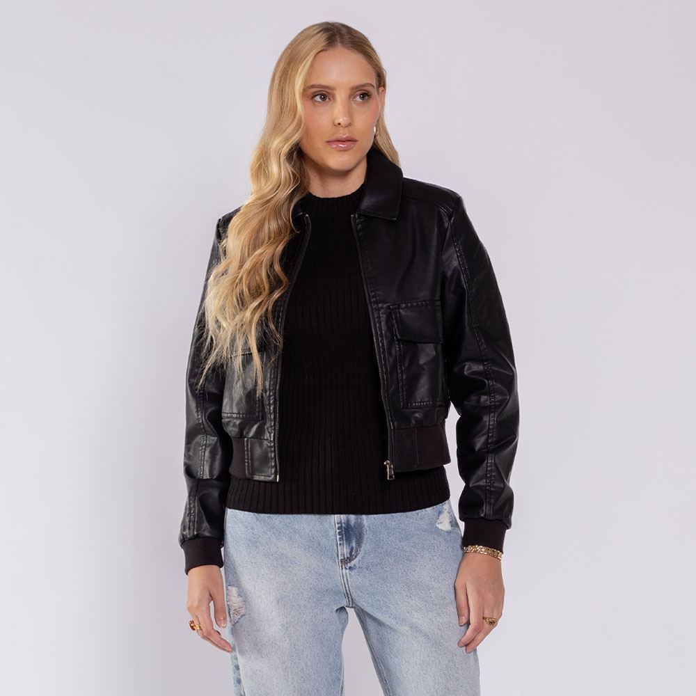 Jaqueta Feminina Bomber Em PU Boby Blues Preto
