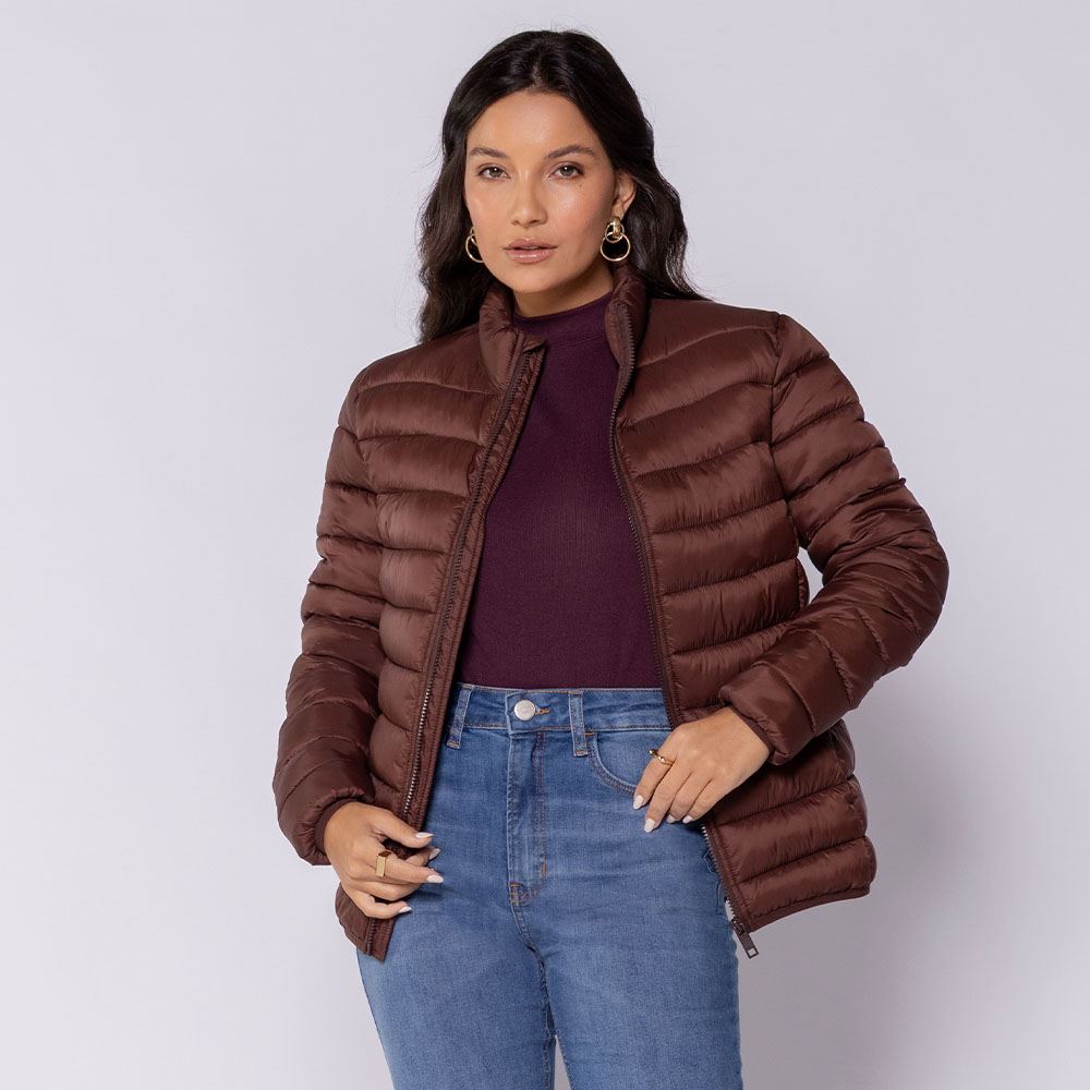 Jaqueta Puffer Feminina Aspen Com Elástico Patricia Foster Marrom