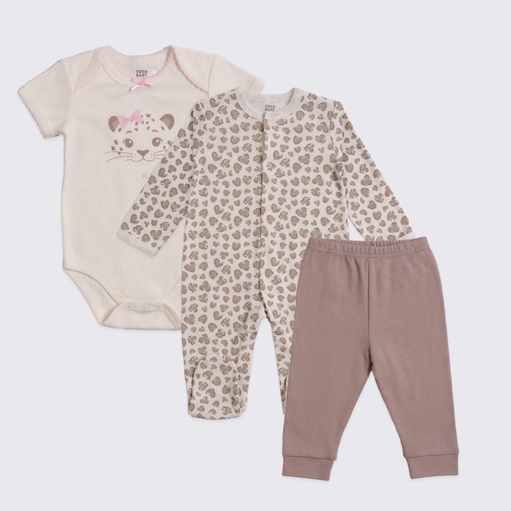 Kit Bebê Macacão, Body e Calça Yoyo Baby Bege Leoa