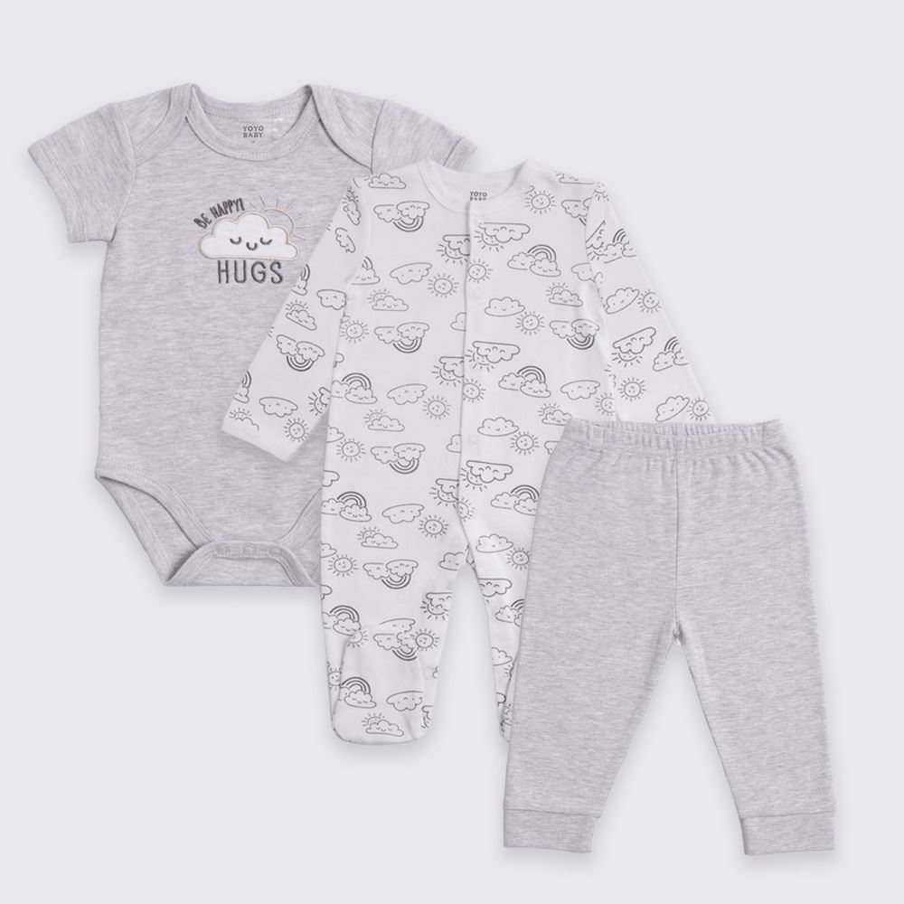 Kit Bebê Macacão, Body e Calça Yoyo Baby Cinza Mescla Nuvens