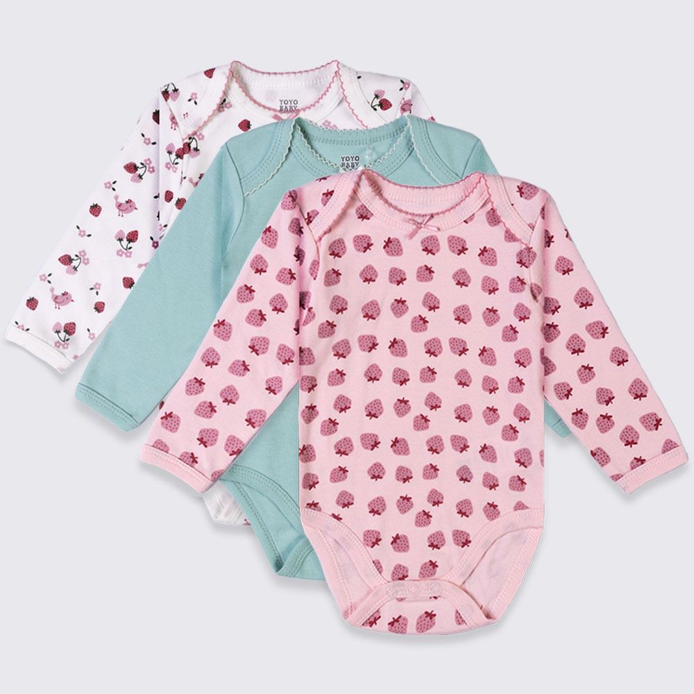Kit Body Bebê Manga Longa 3 Peças Yoyo Baby Verde Agua Morangos