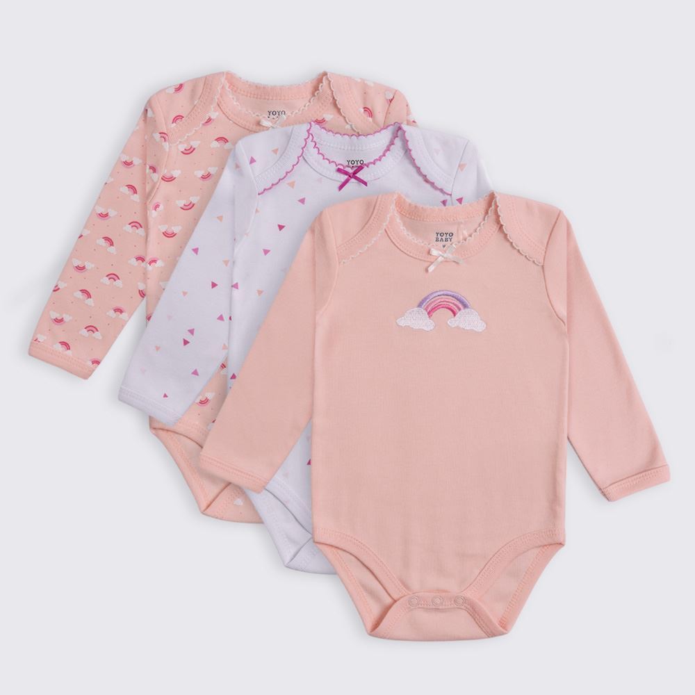 Kit Body Bebê Manga Longa 3 Peças Yoyo Baby Rosa Claro Arco Iris