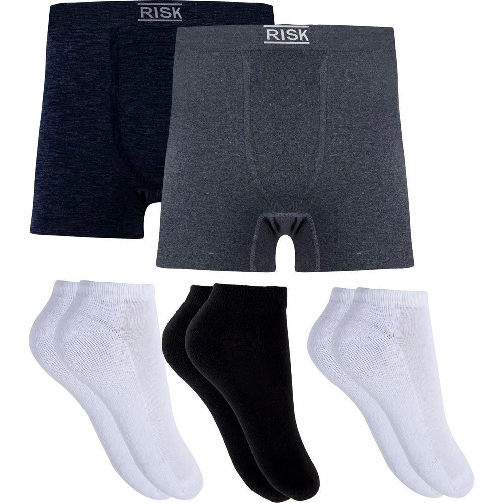 Kit com 2 Cuecas Boxer + 3 Pares de meias Risk Bco/Pto/Bco Kit1
