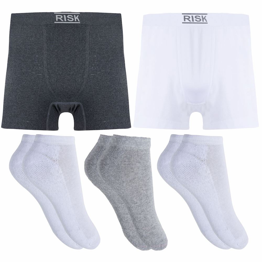 Kit com 2 Cuecas Boxer + 3 Pares de meias Risk Bco/Mcl/Bco Kit3