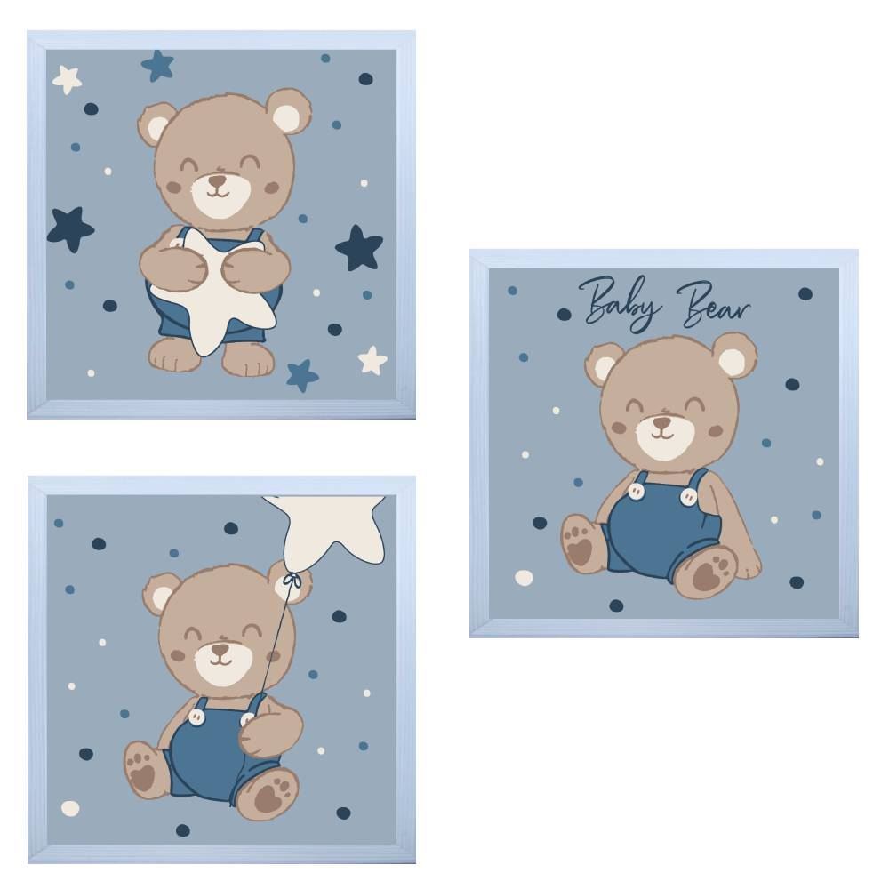 Kit De Quadros Decor Baby 3 Peças - Teddy Azul