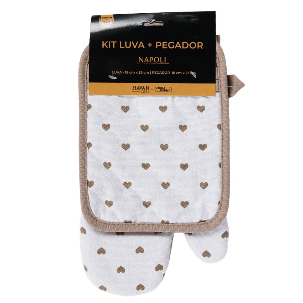Kit Luva e Pegador de Panelas Napoli Jolitex - Corações Bege