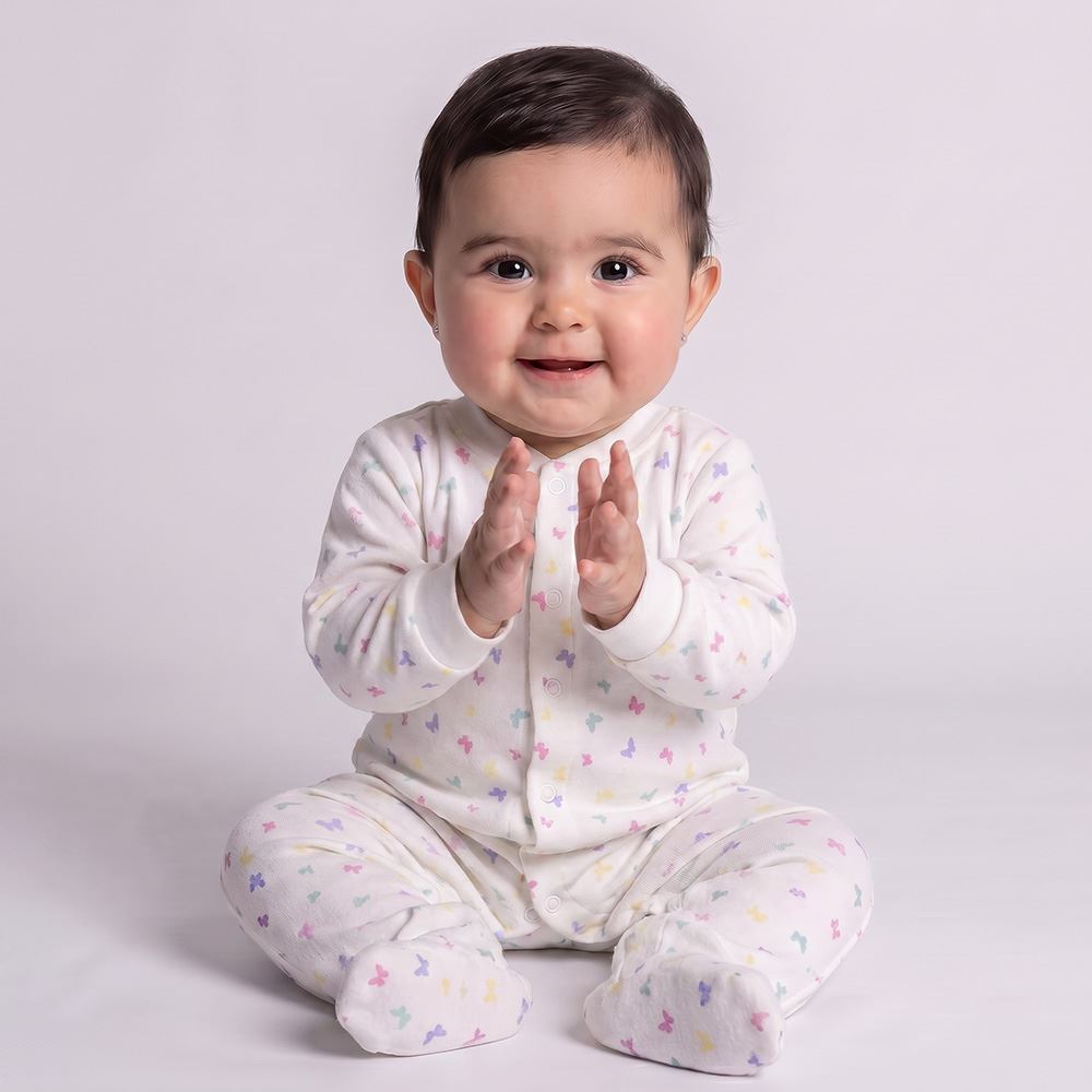 Macacão Bebê Menina Em Plush Com Pé Reversível Yoyo Baby Off White Borboletas