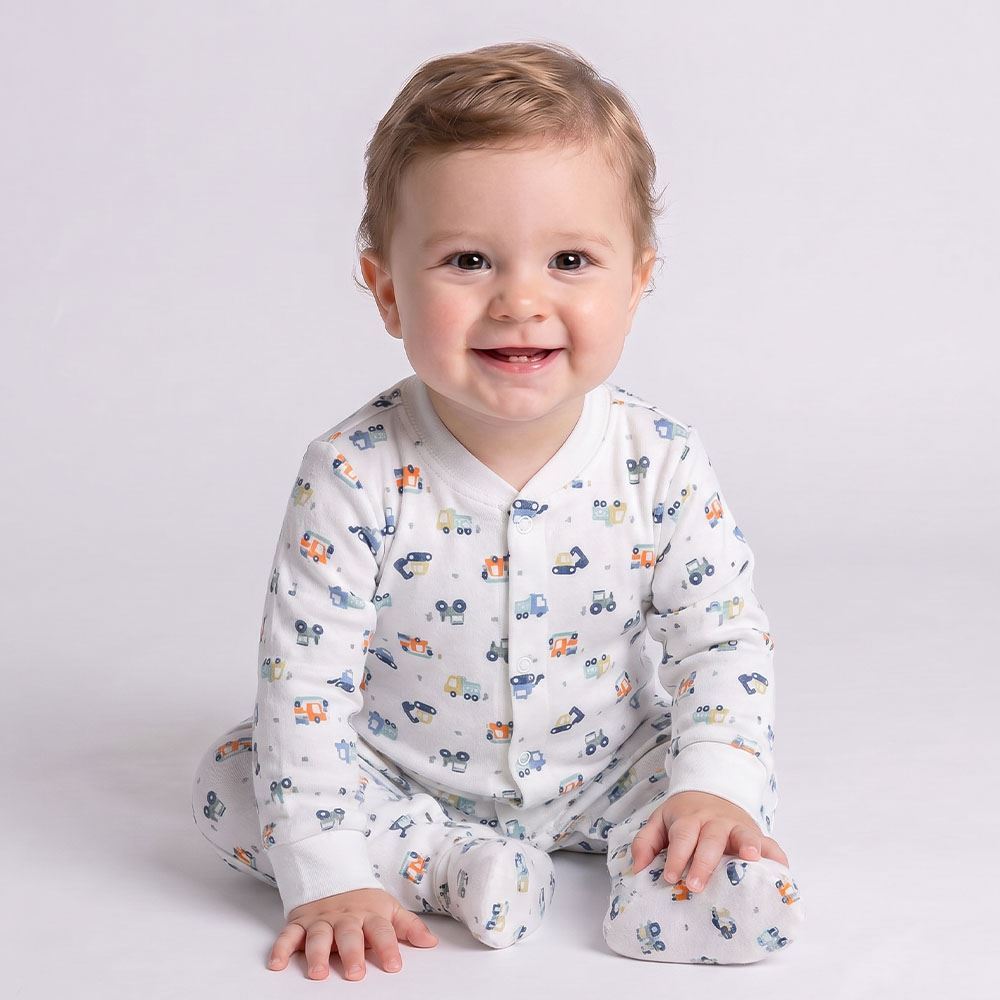 Macacão Bebê Menino Em Plush Com Pé Reversível Yoyo Baby Off White Carros