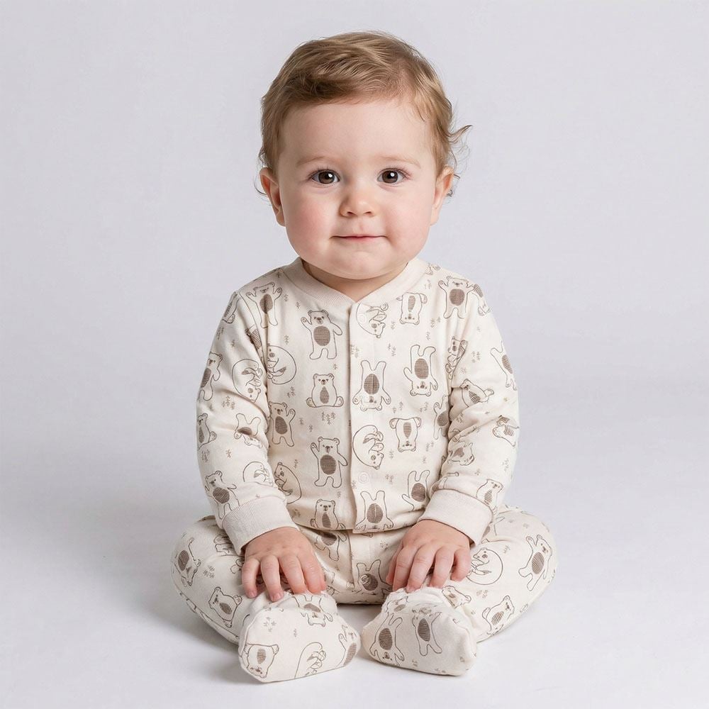 Macacão Bebê Menino Em Plush Com Pé Reversível Yoyo Baby Bege Urso