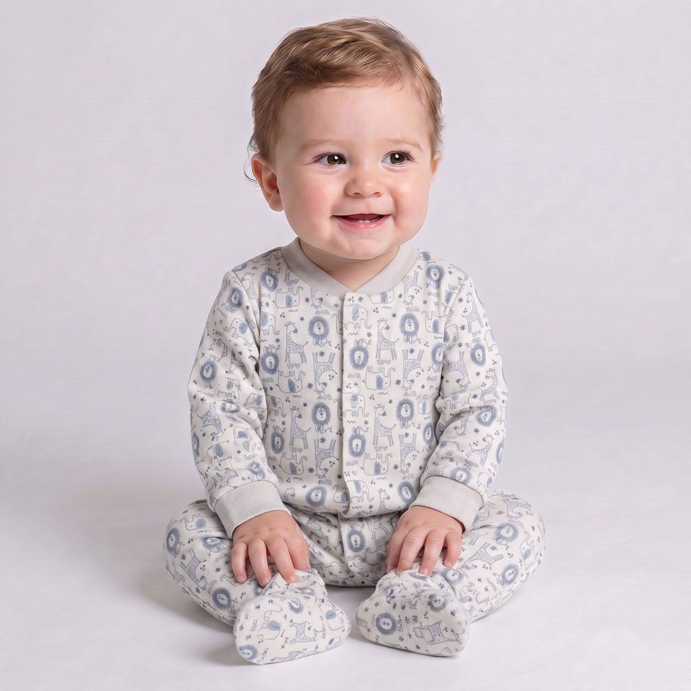 Macacão Bebê Menino Em Plush Com Pé Reversível Yoyo Baby Azul Safari