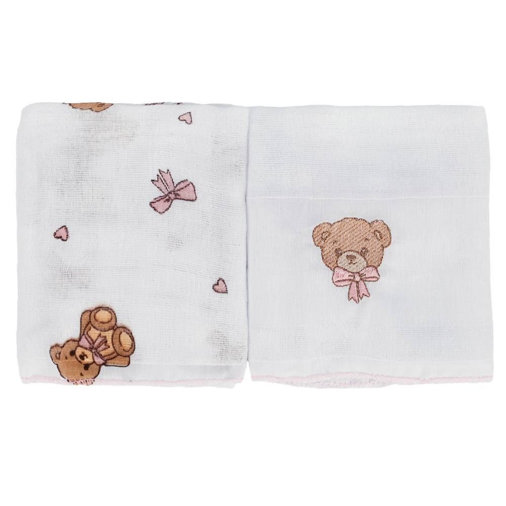 Kit Pano de Boca Bordado Havan Baby 2 Peças - Urso Rosa
