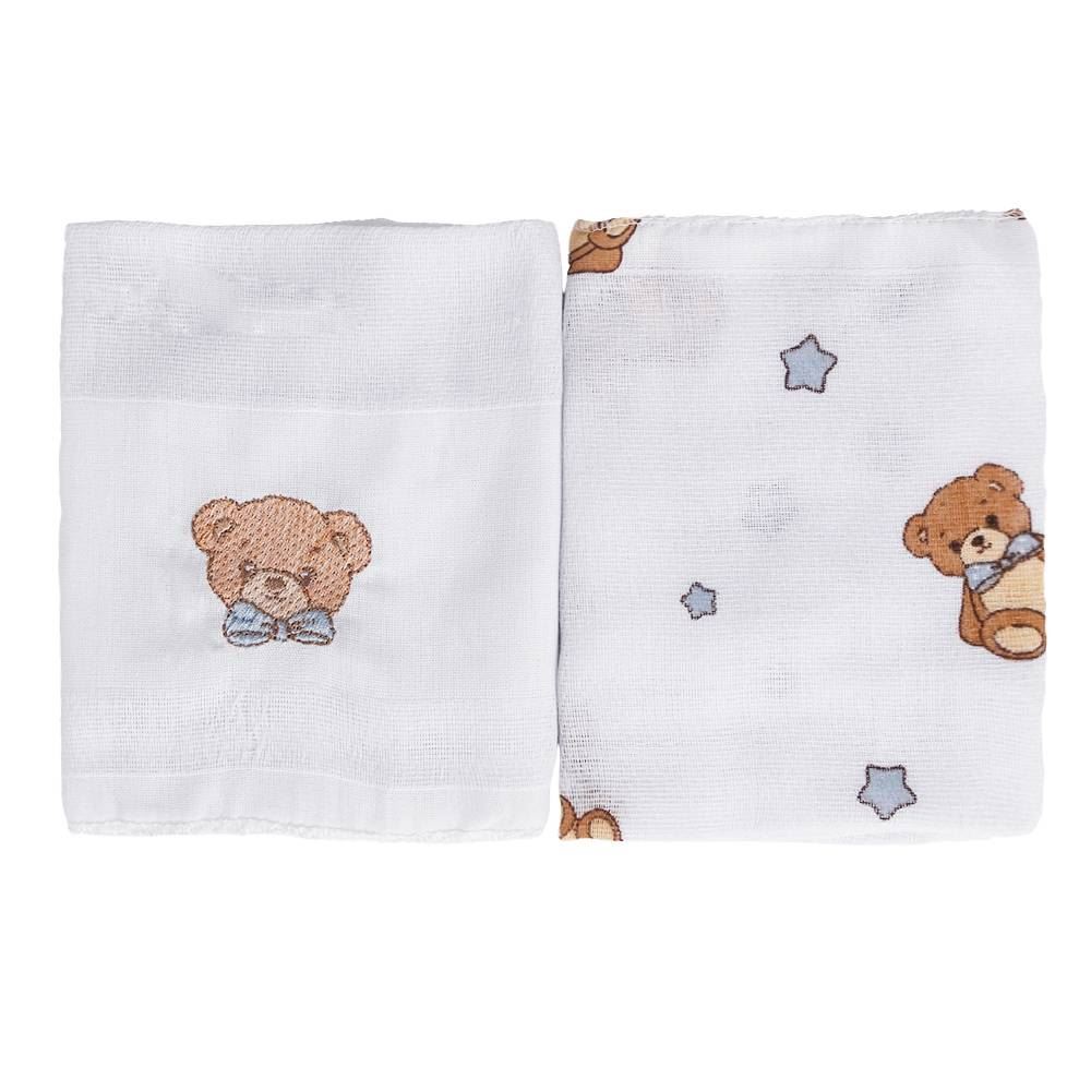Kit Pano de Boca Bordado Havan Baby 2 Peças - Urso Azul