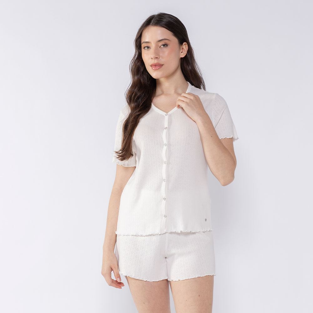 Pijama Feminino Americano De Tricô Camila Moretti Off White