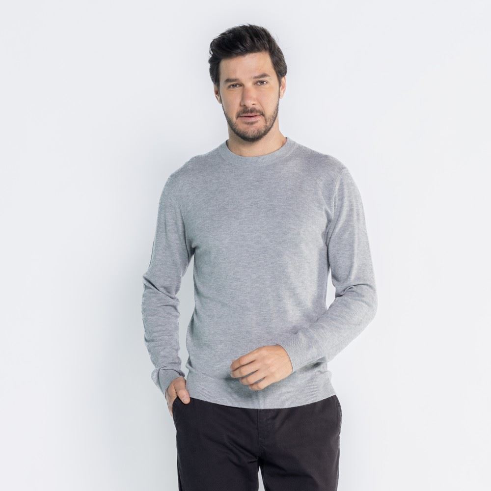 Suéter Masculino De Tricot Gola Redonda Marc Alain Cinza Mescla
