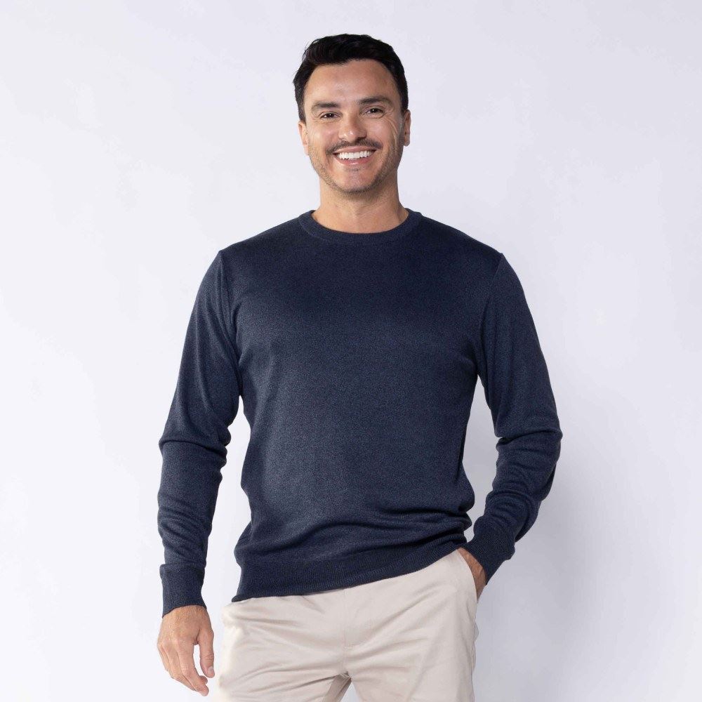 Suéter Masculino De Tricot Gola Redonda Marc Alain Azul Marinho