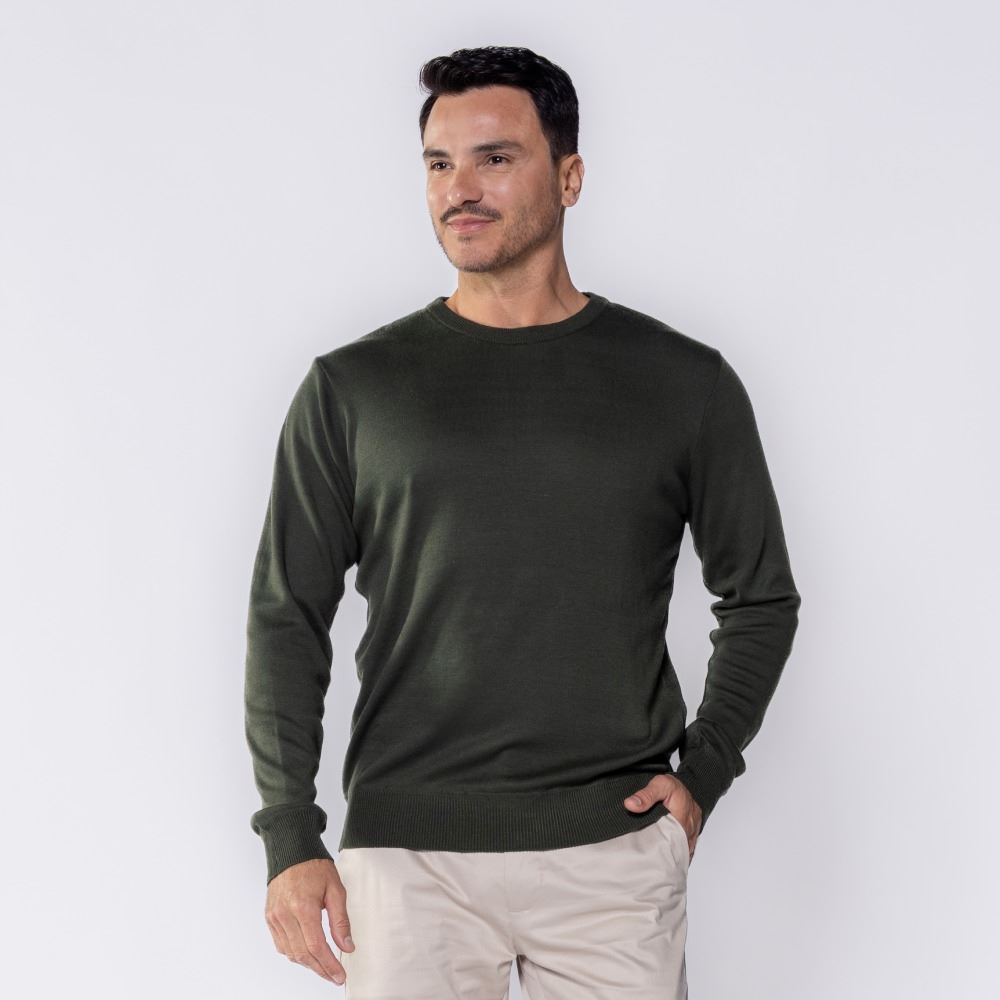 Suéter Masculino De Tricot Gola Redonda Marc Alain Verde Militar