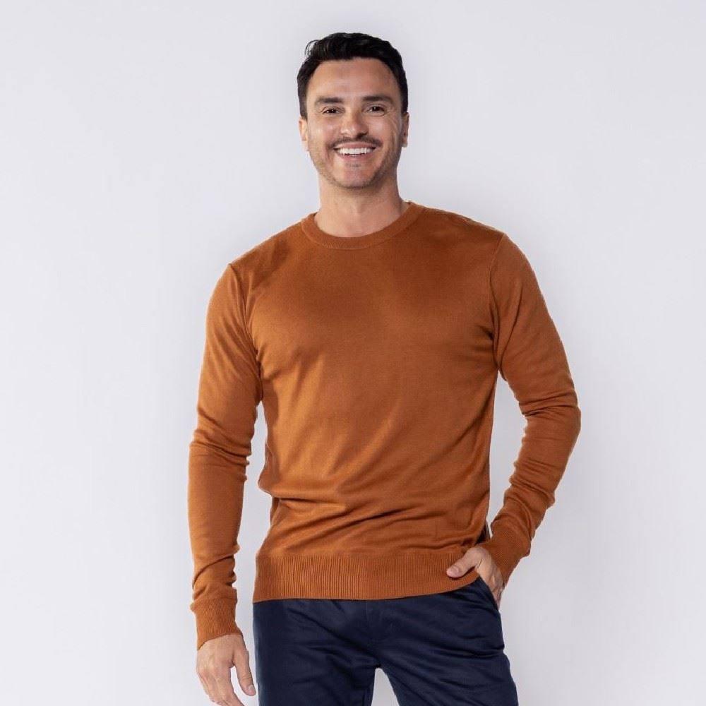 Suéter Masculino De Tricot Gola Redonda Marc Alain Caramelo