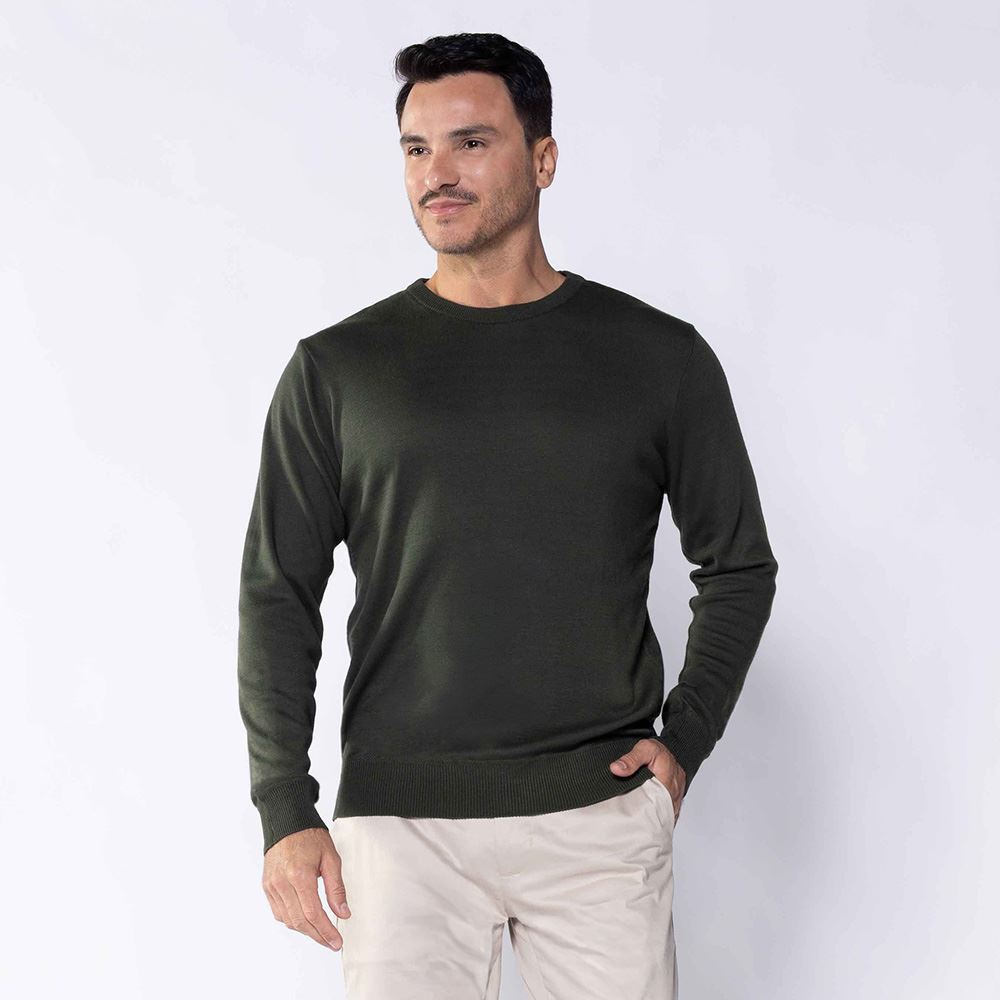 Suéter Masculino De Tricot Gola Redonda Marc Alain Verde Militar