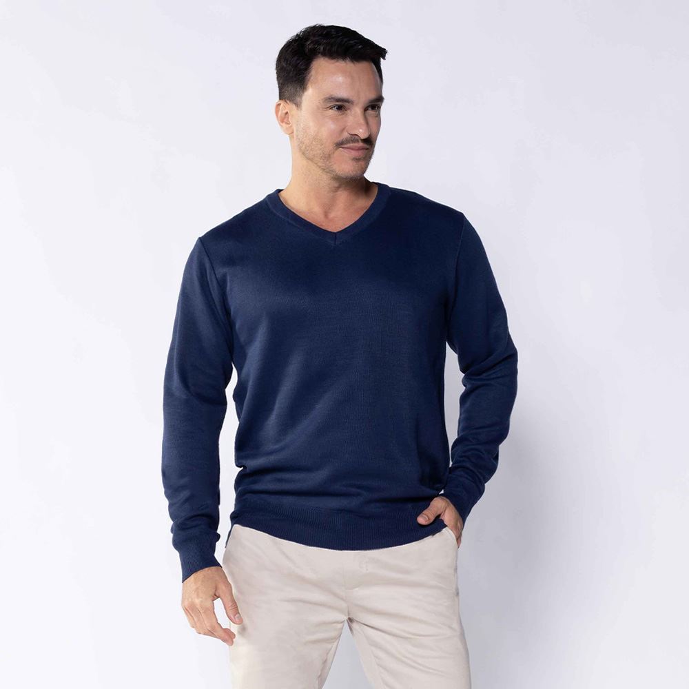Suéter Masculino De Tricot Gola V Marc Alain Azul Marinho