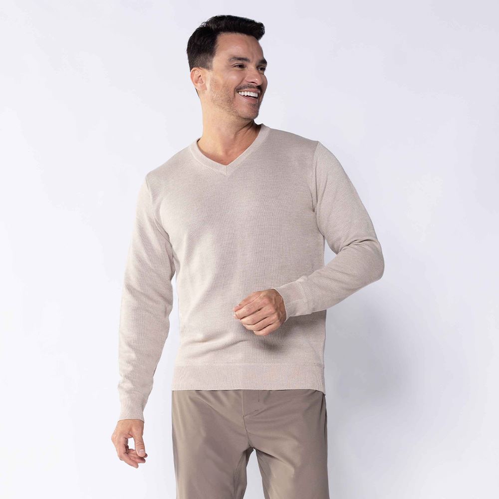 Suéter Masculino De Tricot Gola V Marc Alain Bege Mescla