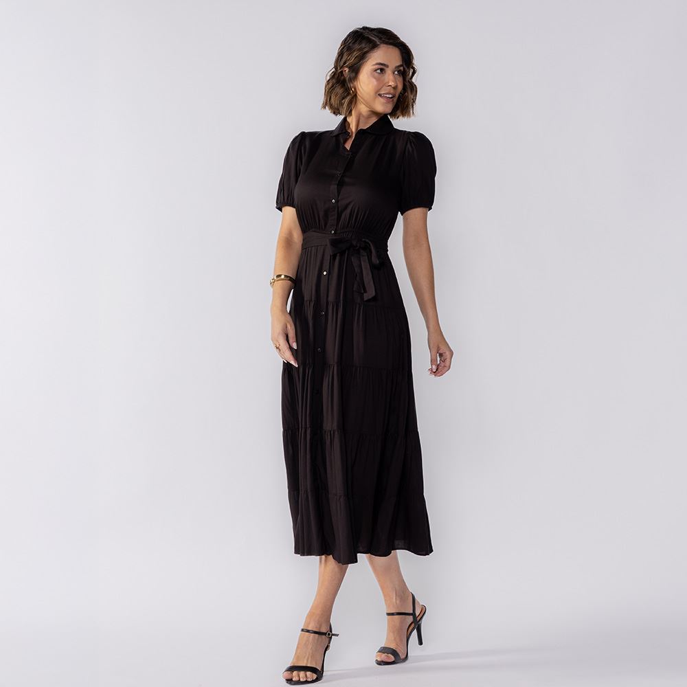 Vestido Feminino Midi De Botões Patricia Foster Preto